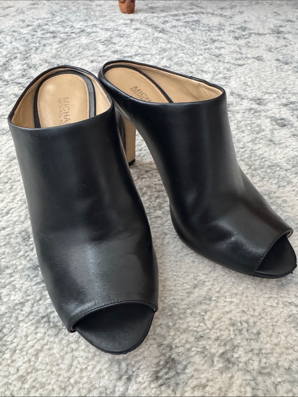 MICHAEL Michael Kors Black Leather Peep-Toe Mule Heels